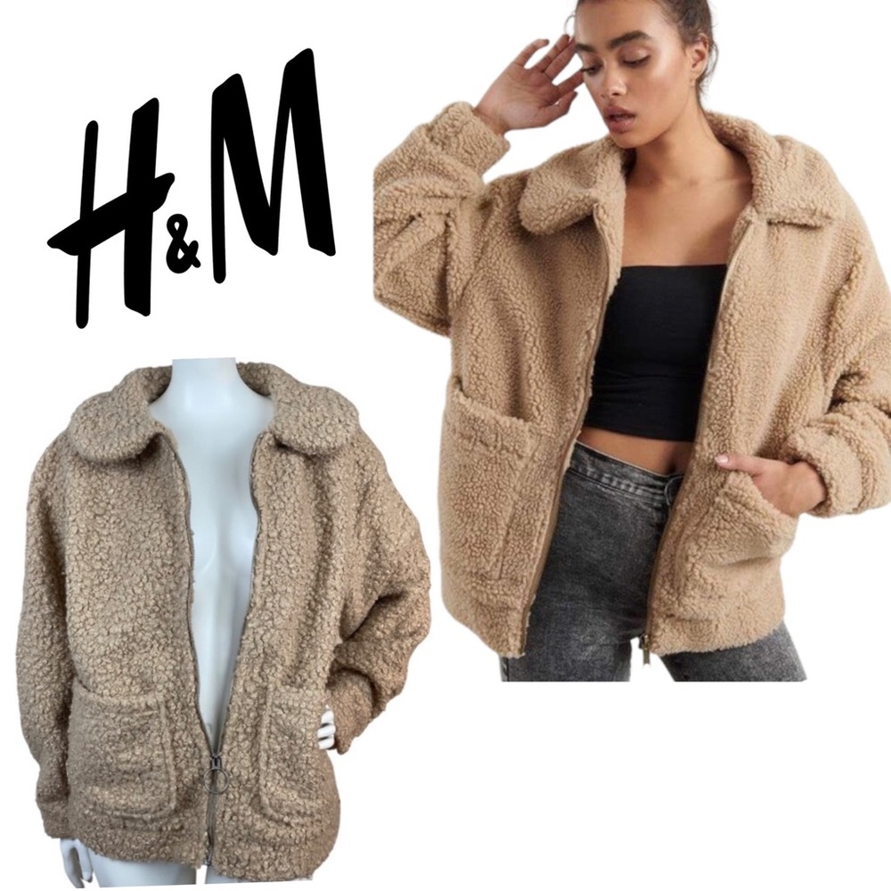 H&M Sherpa Teddy Bear Fleece Full Zip Up Overcoat Jacket Long Sleeves Pockets XS